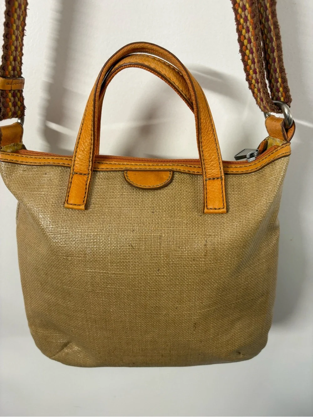 Fossil Tan Canvas Tote with Leather Trim and Multicolor Woven Strap